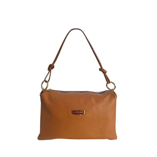 Shoulder Clutch Handbag by Baldinini Trend for women in cowhide brown & gold features an sculptural silhouette, showcasing a secure zipper and sculptural built-in-compartments with versatile shoulder-strap for a sophisticated look.