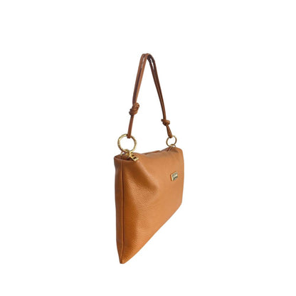 Shoulder Clutch Handbag by Baldinini Trend for women in cowhide brown & gold features a sculptural silhouette with a secure zipper, ample built-in-compartments, and versatile shoulder-strap for a sculptural finish.