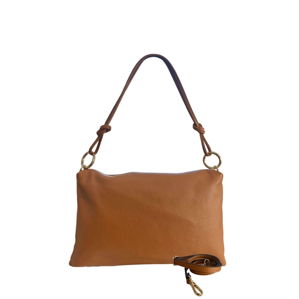 Shoulder Clutch Handbag by Baldinini Trend for women in cowhide brown & gold features a architectural silhouette, showcasing a secure zipper, ample built-in-compartments, and versatile shoulder-strap for a architectural finish.