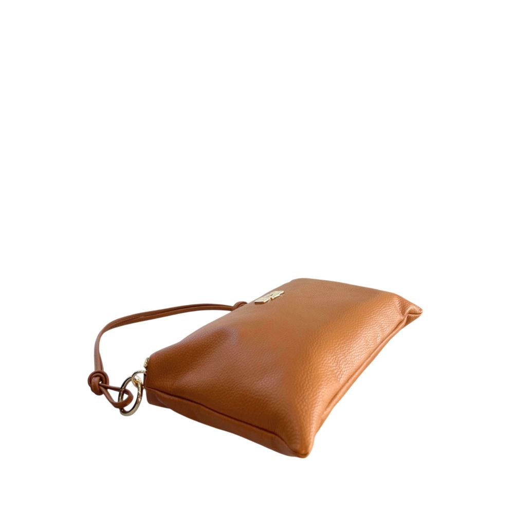 Shoulder Clutch Handbag by Baldinini Trend for women in cowhide brown & gold features a sculptural silhouette with a secure zipper, organized built-in-compartments, and versatile shoulder-strap for a sculptural finish.