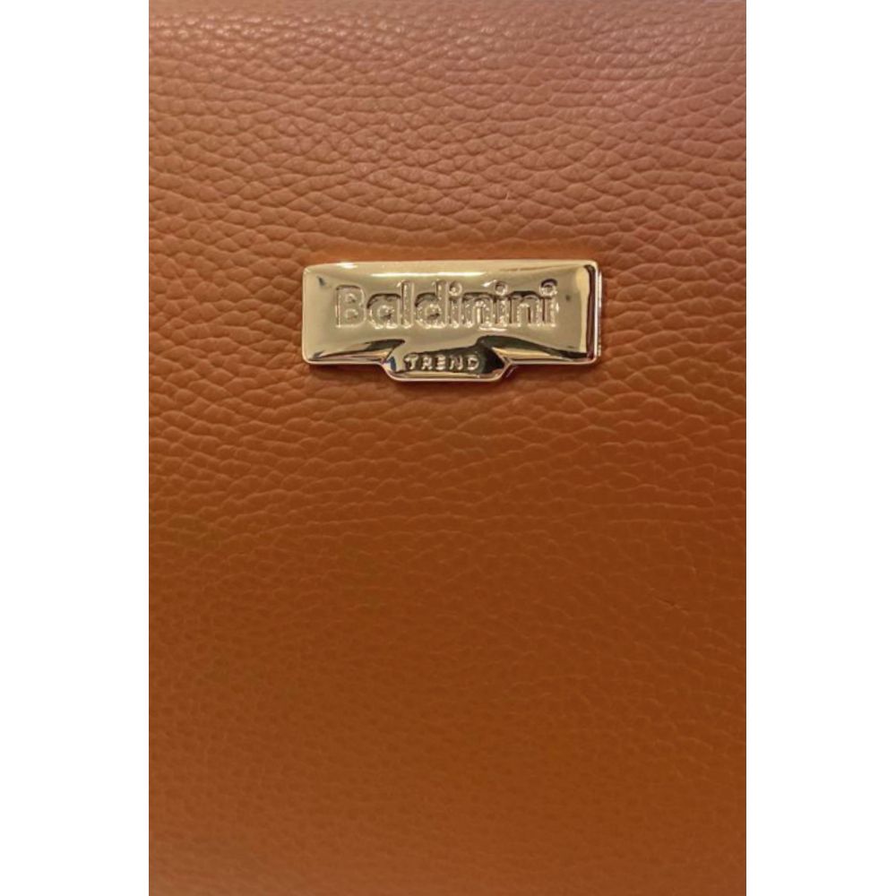 Shoulder Clutch Handbag by Baldinini Trend for women in cowhide brown & gold showcases a sculptural silhouette, featuring a secure zipper, ample built-in-compartments, and versatile shoulder-strap for a sculptural aesthetic.