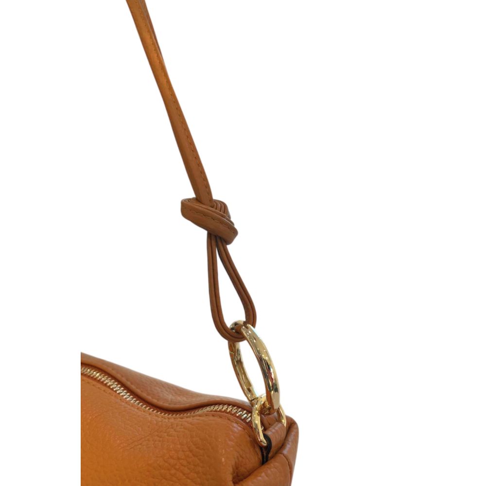 Shoulder Clutch Handbag by Baldinini Trend for women in cowhide brown & gold features a statuesque silhouette, showcasing a secure zipper and organized built-in-compartments with versatile shoulder-strap for statuesque evening wear.
