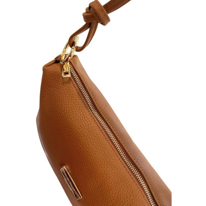 Shoulder Clutch Handbag by Baldinini Trend for women in cowhide brown & gold showcases a sculptural silhouette, featuring a secure zipper, ample built-in-compartments, and versatile shoulder-strap for a sculptural finish.