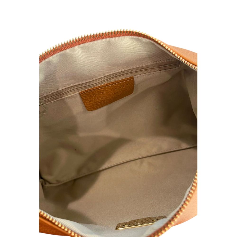 Shoulder Clutch Handbag by Baldinini Trend for women in cowhide brown & gold showcases a sculptural silhouette, featuring a secure zipper, ample built-in-compartments, and versatile shoulder-strap for a sculptural aesthetic.