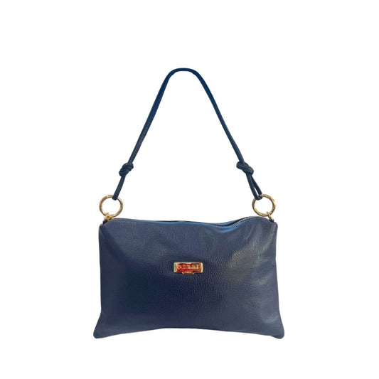 Shoulder Clutch Handbag by Baldinini Trend for women in cowhide blue & gold features a statuesque silhouette, showcasing a secure zipper and organized built-in-compartments with versatile shoulder-strap for statuesque evening wear.