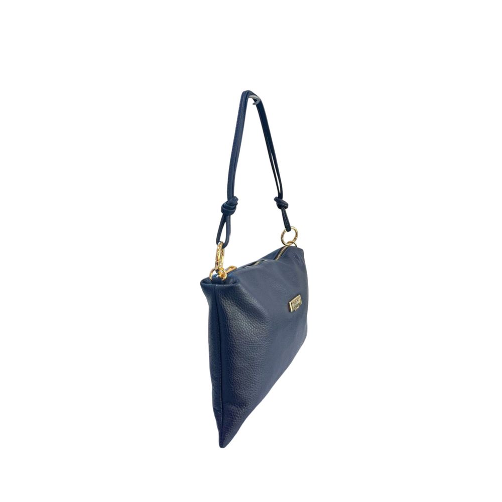 Shoulder Clutch Handbag by Baldinini Trend for women in cowhide blue & gold features a architectural silhouette, showcasing a secure zipper, ample built-in-compartments, and versatile shoulder-strap for a architectural finish.