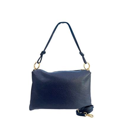Shoulder Clutch Handbag by Baldinini Trend for women in cowhide blue & gold features an sculptural silhouette, showcasing a secure zipper and sculptural built-in-compartments with versatile shoulder-strap for a sophisticated look.