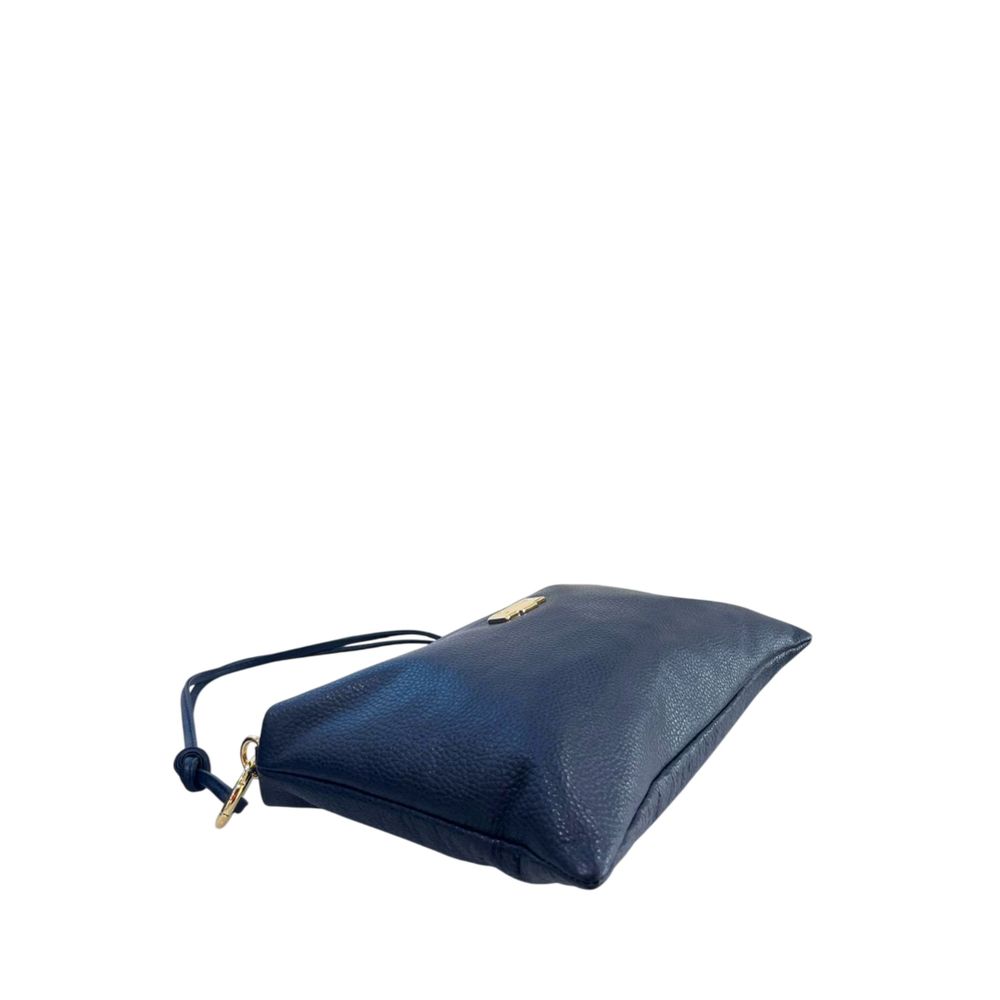 Shoulder Clutch Handbag by Baldinini Trend for women in cowhide blue & gold showcases a sculptural silhouette, featuring a secure zipper, ample built-in-compartments, and versatile shoulder-strap for a sculptural aesthetic.