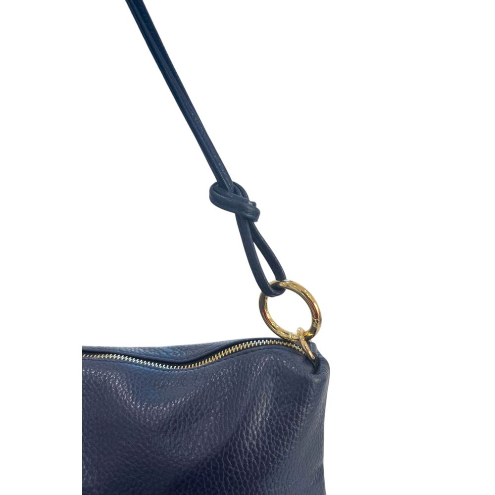 Shoulder Clutch Handbag by Baldinini Trend for women in cowhide blue & gold features a sculptural silhouette with a secure zipper, organized built-in-compartments, and versatile shoulder-strap for a sculptural finish.
