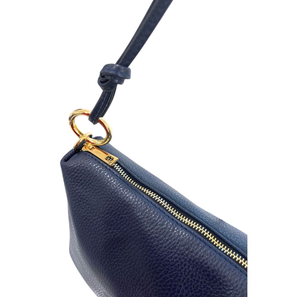 Shoulder Clutch Handbag by Baldinini Trend for women in cowhide blue & gold features a statuesque silhouette, showcasing a secure zipper and organized built-in-compartments with versatile shoulder-strap for statuesque evening wear.