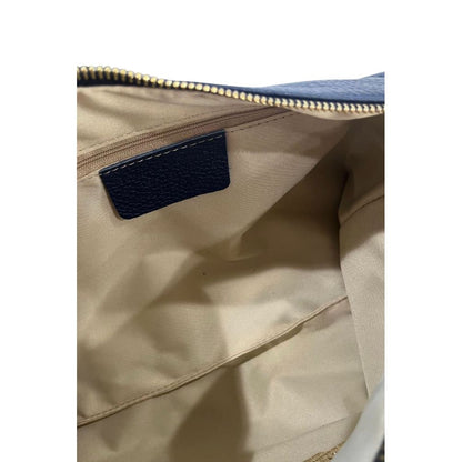 Shoulder Clutch Handbag by Baldinini Trend for women in cowhide blue & gold showcases a sculptural silhouette, featuring a secure zipper, ample built-in-compartments, and versatile shoulder-strap for a sculptural finish.