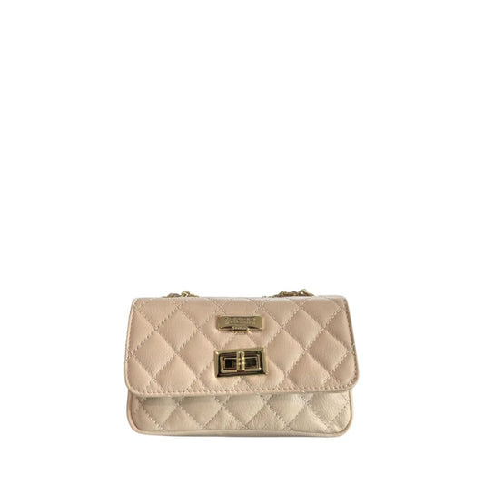 Mini 2-in-1 Shoulder & Crossbody Handbag by Baldinini Trend for women in cowhide beige & gold features a multifaceted silhouette, showcasing a secure and multifaceted with versatile crossbody-strap & shoulder-strap for multifaceted style.