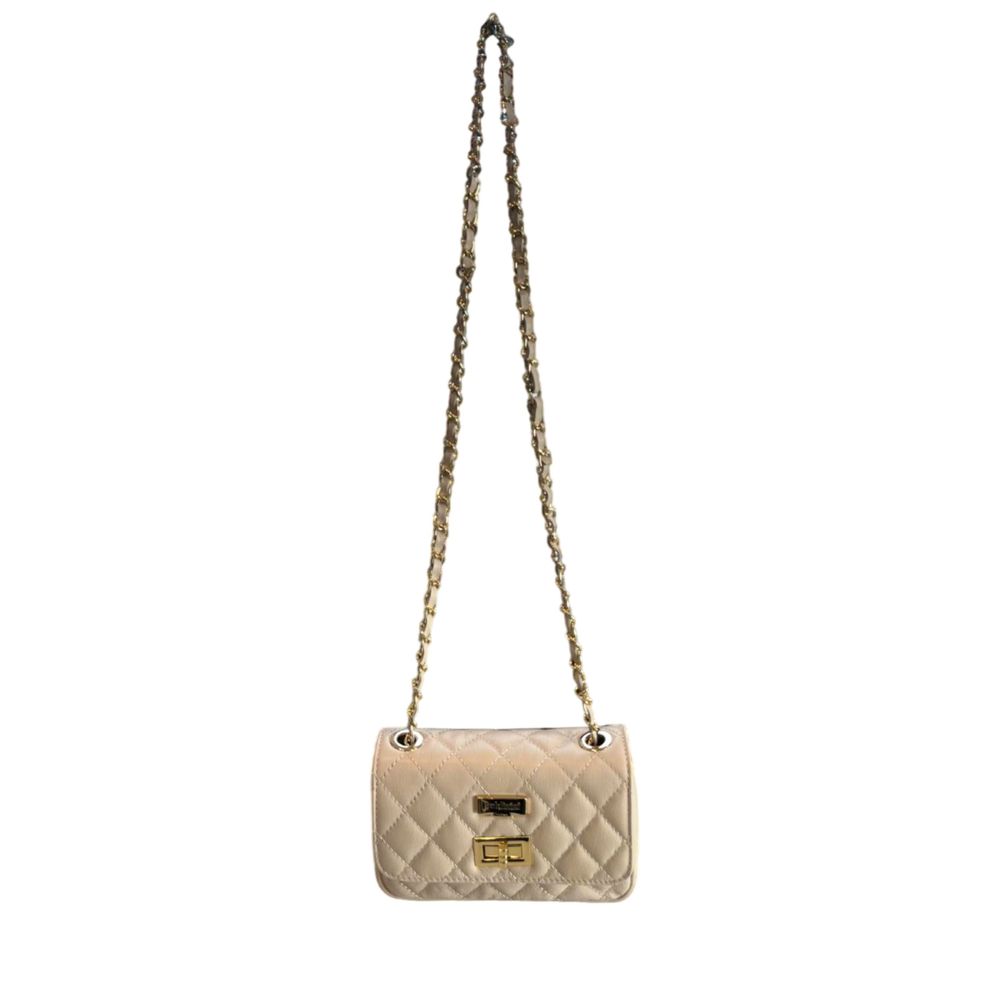 Mini 2-in-1 Shoulder & Crossbody Handbag by Baldinini Trend for women in cowhide beige & gold features a multifaceted silhouette, showcasing a secure and multifaceted with versatile crossbody-strap & shoulder-strap for multifaceted style.