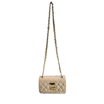 Mini 2-in-1 Shoulder & Crossbody Handbag by Baldinini Trend for women in cowhide beige & gold features a multifaceted silhouette, showcasing a secure and multifaceted with versatile crossbody-strap & shoulder-strap for multifaceted style.