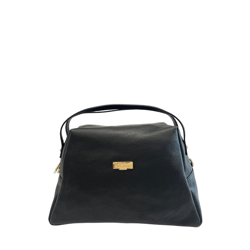 Shoulder Clutch Handbag by Baldinini Trend for women in cowhide black & gold showcases a sculptural silhouette, featuring a secure zipper, ample built-in-compartments, and versatile shoulder-strap for a sculptural finish.