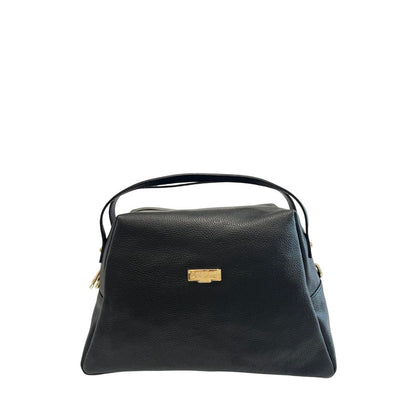 Shoulder Clutch Handbag by Baldinini Trend for women in cowhide black & gold showcases a sculptural silhouette, featuring a secure zipper, ample built-in-compartments, and versatile shoulder-strap for a sculptural finish.