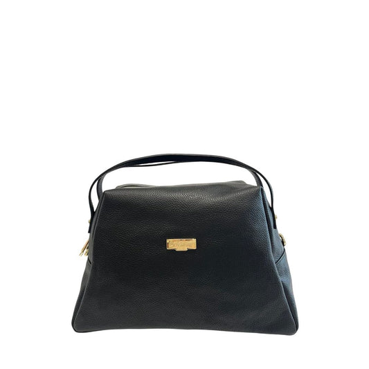 Shoulder Clutch Handbag by Baldinini Trend for women in cowhide black & gold showcases a sculptural silhouette, featuring a secure zipper, ample built-in-compartments, and versatile shoulder-strap for a sculptural finish.