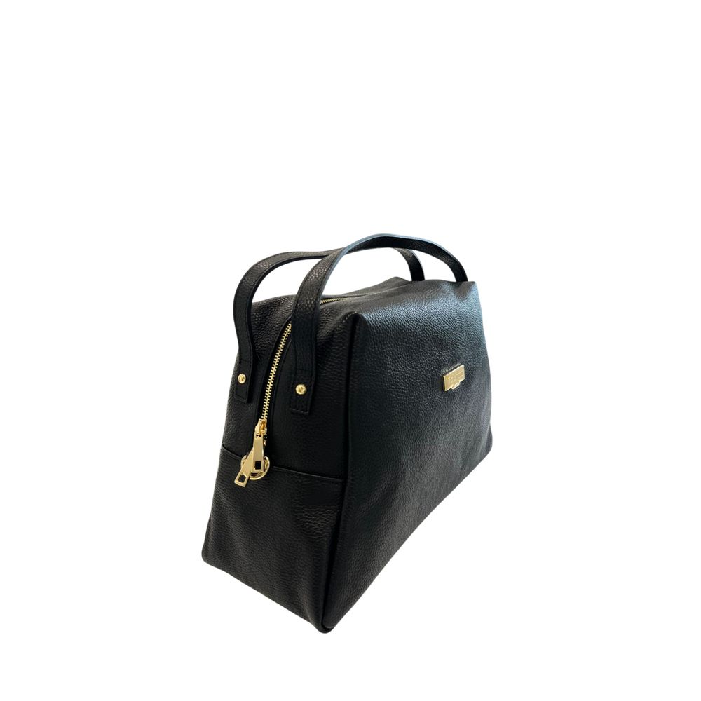Shoulder Clutch Handbag by Baldinini Trend for women in cowhide black & gold features an sculptural silhouette, showcasing a secure zipper and sculptural built-in-compartments with versatile shoulder-strap for a sophisticated look.