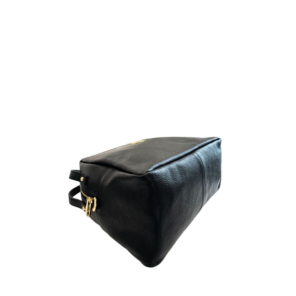 Shoulder Clutch Handbag by Baldinini Trend for women in cowhide black & gold features a statuesque silhouette, showcasing a secure zipper and organized built-in-compartments with versatile shoulder-strap for statuesque evening wear.