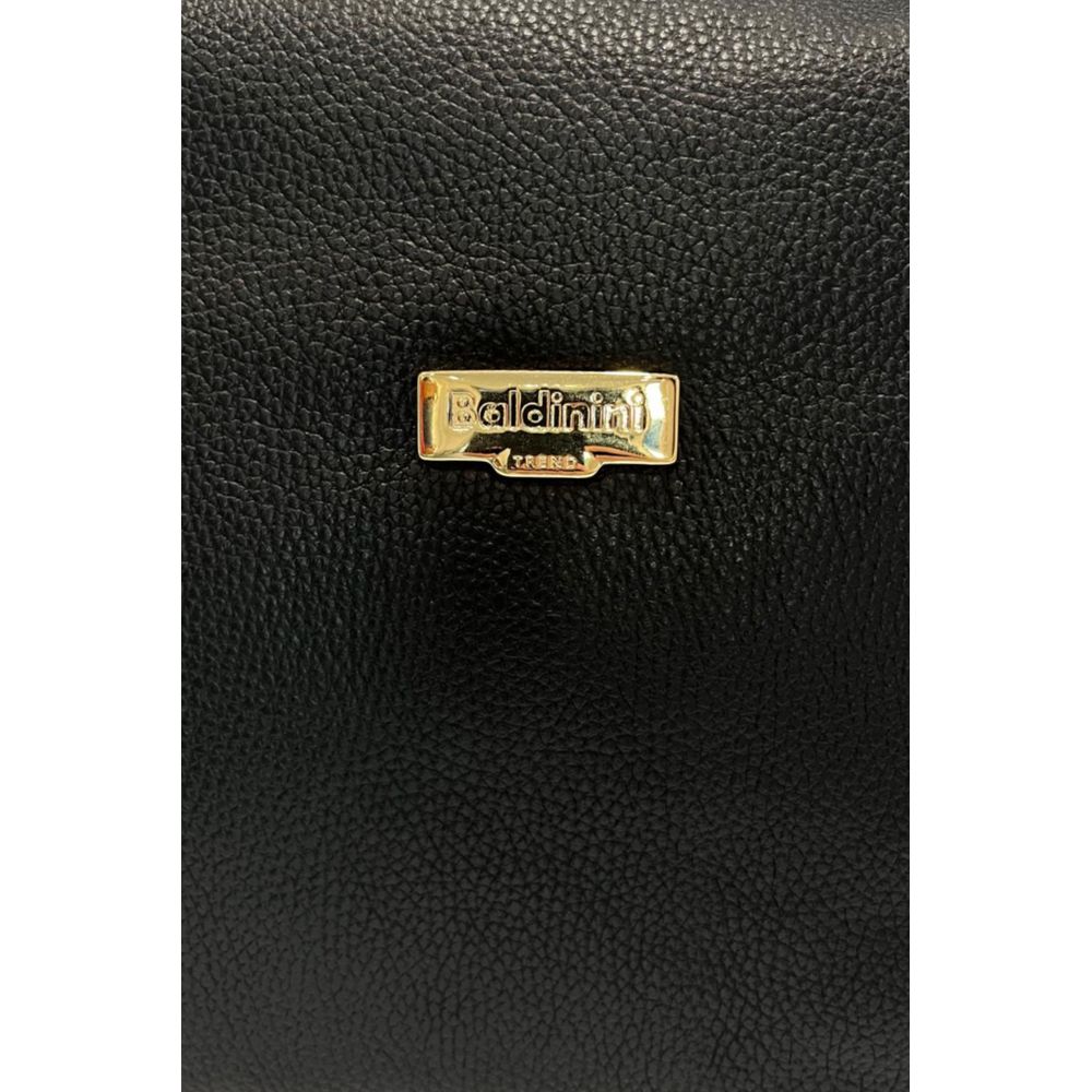 Shoulder Clutch Handbag by Baldinini Trend for women in cowhide black & gold features a sculptural silhouette with a secure zipper, ample built-in-compartments, and versatile shoulder-strap for a sculptural finish.