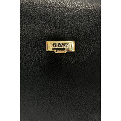 Shoulder Clutch Handbag by Baldinini Trend for women in cowhide black & gold features a sculptural silhouette with a secure zipper, ample built-in-compartments, and versatile shoulder-strap for a sculptural finish.