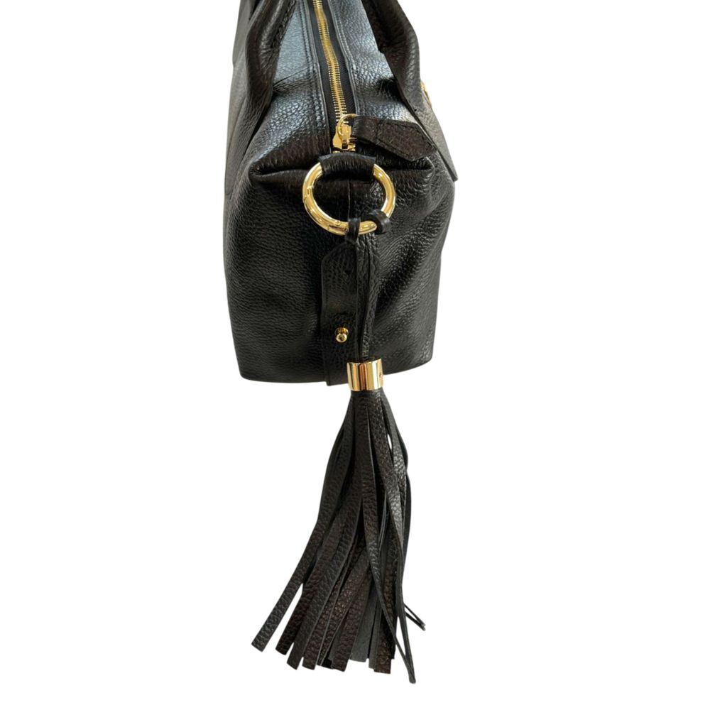 Shoulder Bag by Baldinini Trend for women in cowhide black & gold features an effortlessly chic silhouette with a secure zipper, ample built-in-compartments, and versatile shoulder-strap & adjustable-strap for effortlessly chic everyday luxury.