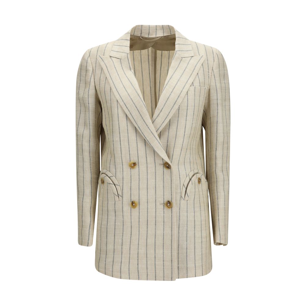 Blazer by Blazé Milano for women in polyamide viscose silk & cotton beige, pearl & pinstripe showcases a polished silhouette, highlighted by a refined and polished for a sophisticated finish.