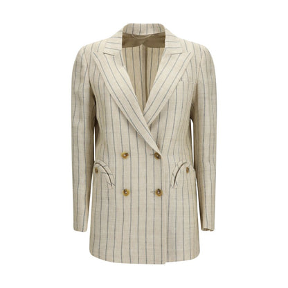 Blazer by Blazé Milano for women in polyamide viscose silk & cotton beige, pearl & pinstripe showcases a polished silhouette, highlighted by a refined and polished for a sophisticated finish.