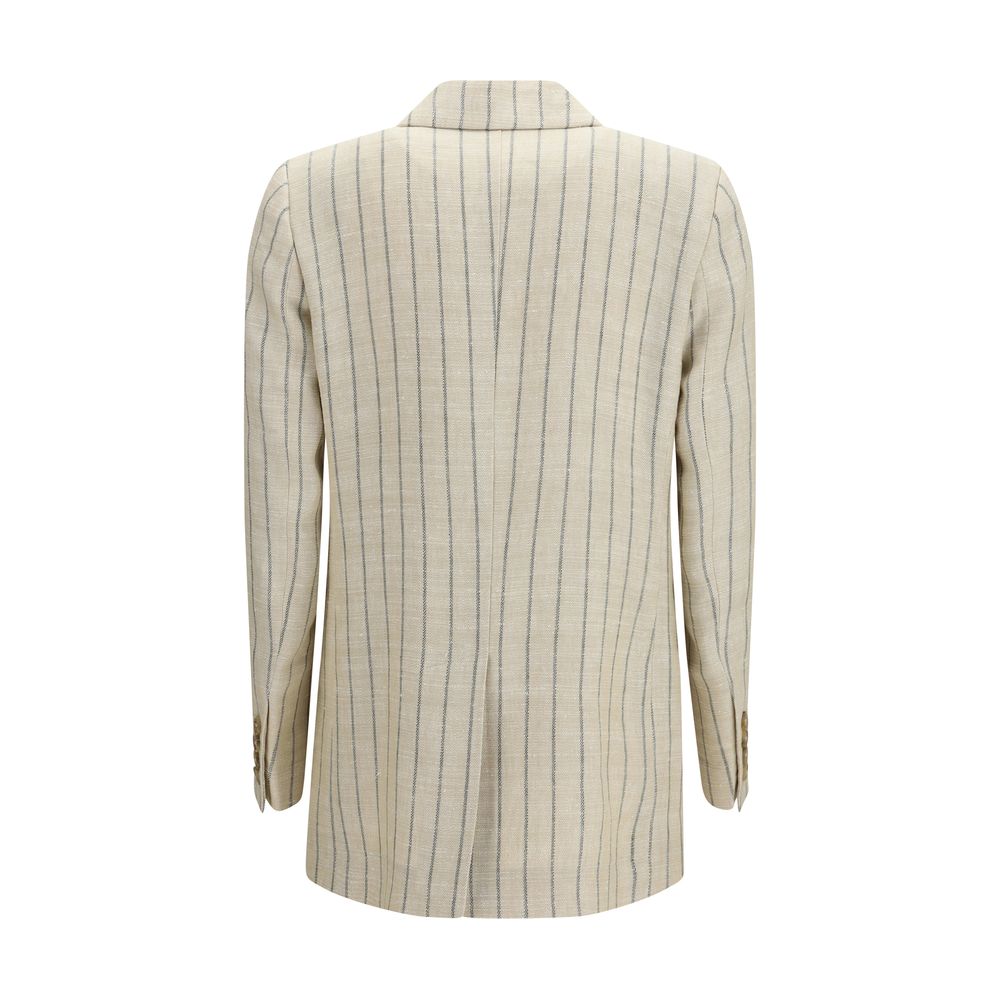 Blazer by Blazé Milano for women in polyamide viscose silk & cotton beige, pearl & pinstripe features an sartorial silhouette, showcasing a sophisticated and sartorial for a truly sartorial finish.