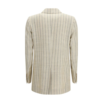 Blazer by Blazé Milano for women in polyamide viscose silk & cotton beige, pearl & pinstripe features an sartorial silhouette, showcasing a sophisticated and sartorial for a truly sartorial finish.