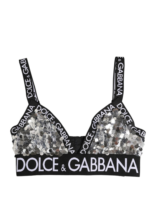 Dolce & Gabbana Silver Sequined Triangle Soft Cup Bra Underwear