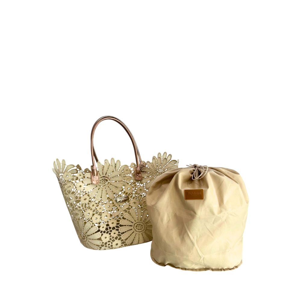 Drawstring Pouch Shoulder Bag by Baldinini Trend for women in polyurethane beige & floral presents a statuesque silhouette, showcasing a secure drawstring and statuesque with versatile handle for a sophisticated look.