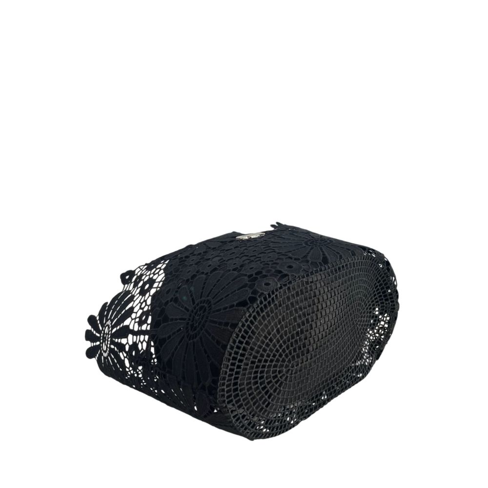 Drawstring Pouch Shoulder Bag by Baldinini Trend for women in polyurethane black, patterned & floral presents a statuesque silhouette, showcasing a secure drawstring and statuesque with versatile detachable-strap & handle for a sophisticated look.