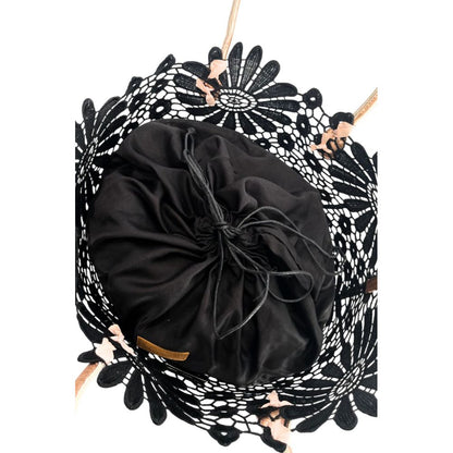 Drawstring Pouch Shoulder Bag by Baldinini Trend for women in polyurethane black, patterned & floral features a statuesque silhouette, showcasing a secure drawstring and statuesque with versatile detachable-strap & handle for a statuesque finish.