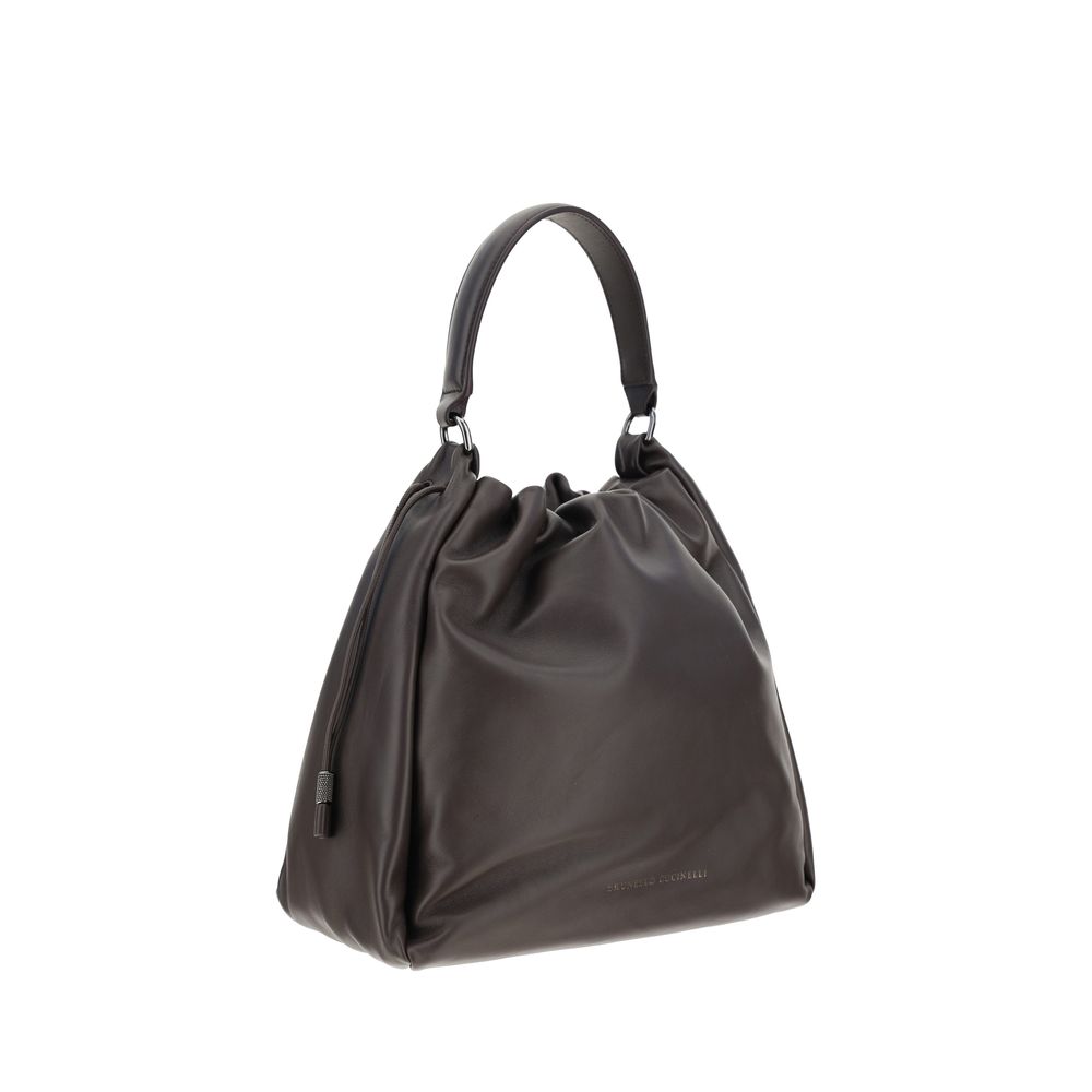 Shoulder Drawstring Bag by Brunello Cucinelli for women in bos taurus calf leather brown & signature features a effortless sophistication silhouette, secured by a drawstring with ample and versatile shoulder-strap, handle & adjustable-strap for a effortless sophistication finish.