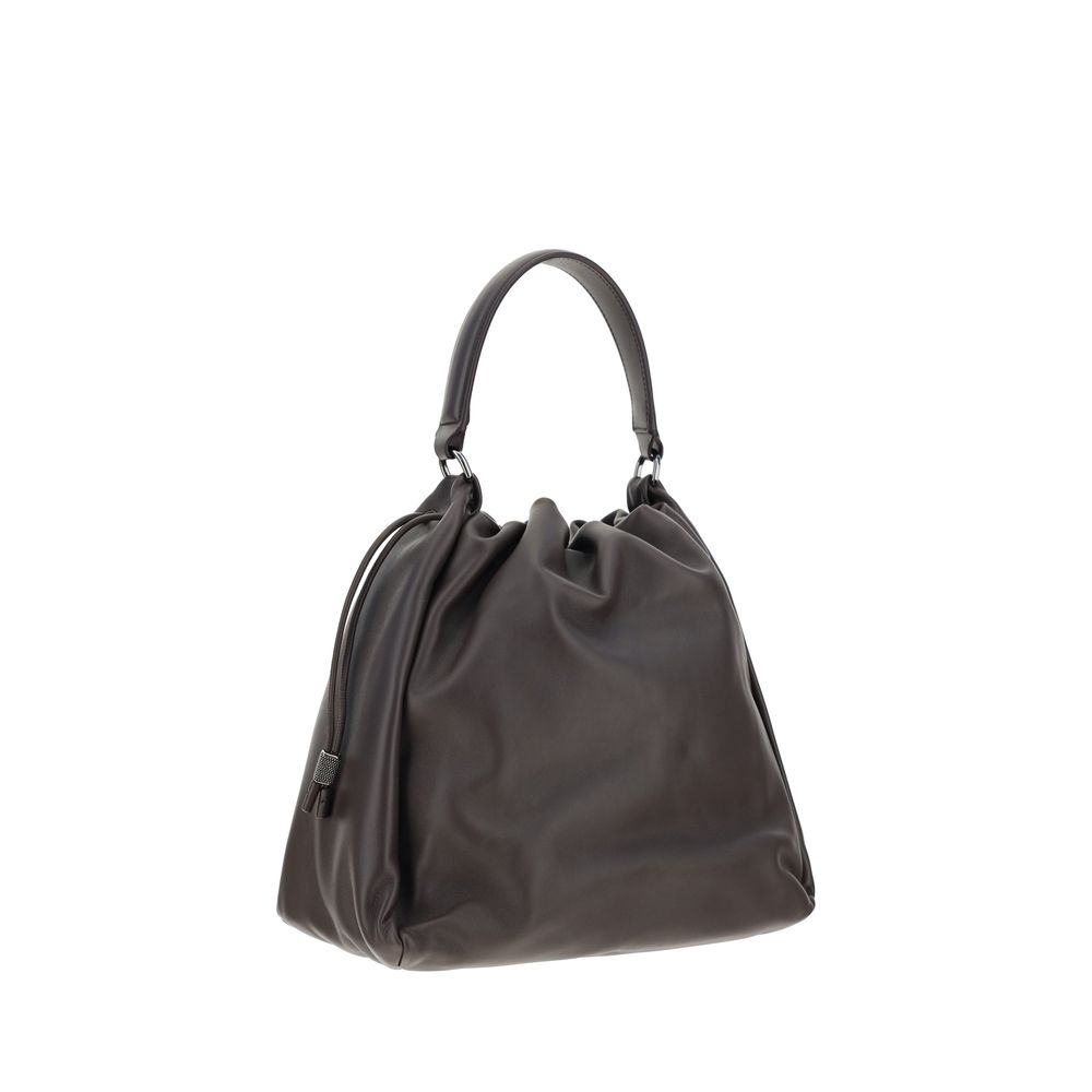 Shoulder Drawstring Bag by Brunello Cucinelli for women in bos taurus calf leather brown & signature features an effortlessly chic silhouette with a secure drawstring, ample , and versatile shoulder-strap, handle & adjustable-strap for effortlessly chic everyday luxury.