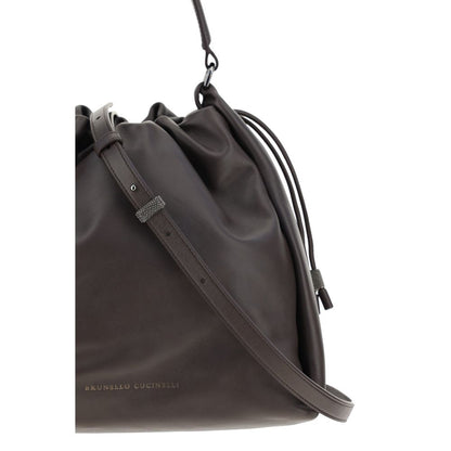 Shoulder Drawstring Bag by Brunello Cucinelli for women in bos taurus calf leather brown & signature showcases a enviable silhouette, artfully detailed with a secure drawstring, organized , and versatile shoulder-strap, handle & adjustable-strap for a enviable look.