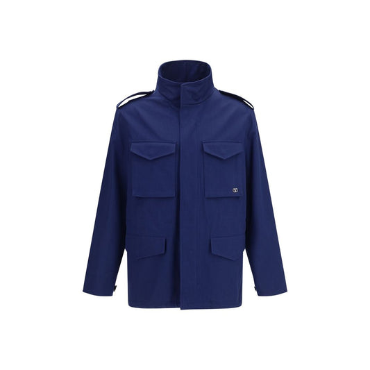 Overcoat by Valentino Garavani for men in cotton blue & signature features an satoral silhouette, showcasing a sophisticated and satoral pockets for a premium, timeless look.