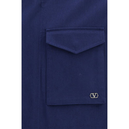 Overcoat by Valentino Garavani for men in cotton blue & signature presents a luxurious silhouette, showcasing a luxurious and sophisticated pockets for a premium, luxurious look.