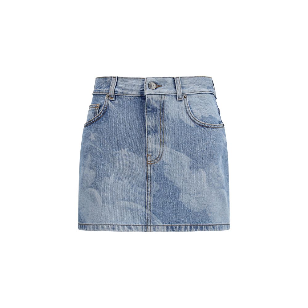 Skirt by Fiorucci for women in denim cotton blue & print features a sublime silhouette, showcasing the sublime design of the Women's Denim Mid Rise Cotton Mini Skirt in a sophisticated mini.