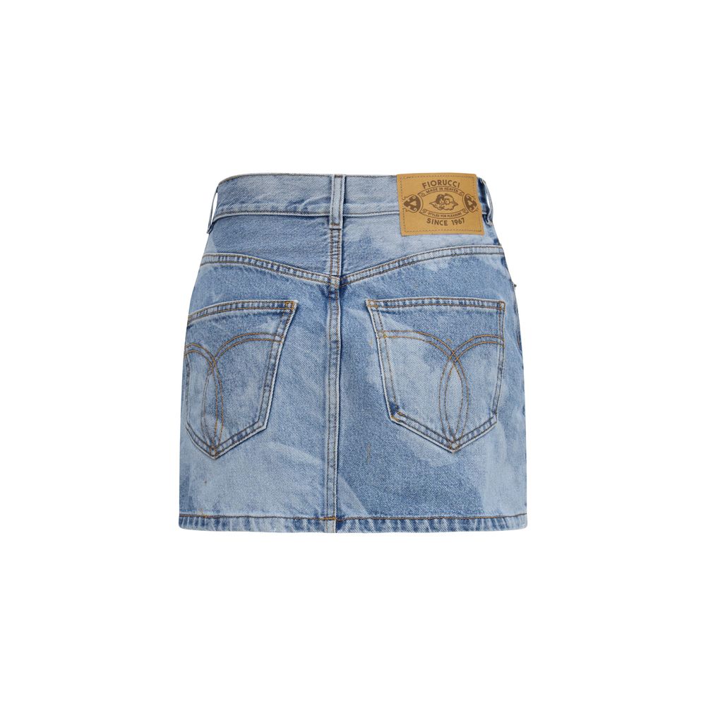 Skirt by Fiorucci for women in denim cotton blue & print features a contoured silhouette from the Women's Denim Mid Rise Cotton Mini Skirt collection, characterized by its contoured mini for a contoured finish.
