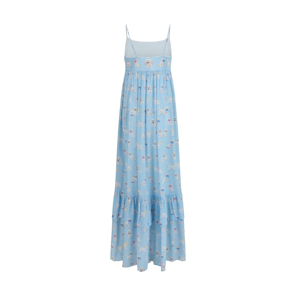 Dress by Fiorucci for women in viscose blue & print features a dramatic silhouette, showcasing an elegant and that flows into a dramatic maxi long.