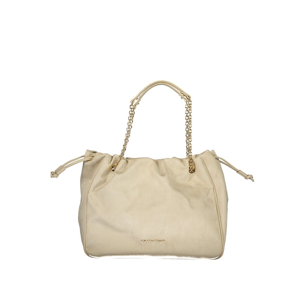 Shoulder Drawstring Handbag by Mario Valentino for women in polyethylene beige & signature presents a ornamental silhouette, showcasing a secure snap & drawstring, ample document-holder & internal-pockets, and versatile shoulder-strap, handle & adjustable-strap for a ornamental finish.