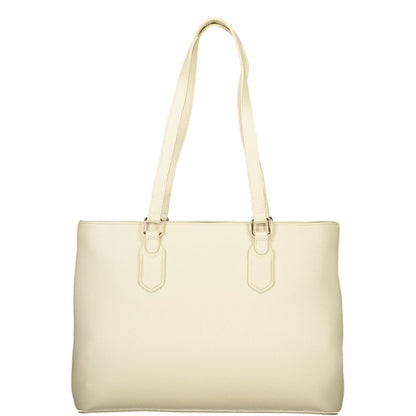 This Shoulder Handbag by Mario Valentino for women in polyethylene and beige & signature presents a sculptural silhouette featuring a secure zipper, ample internal-pockets, and versatile shoulder-strap & handle for a sculptural finish.