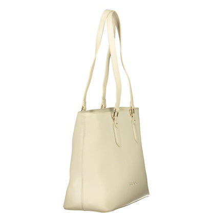 Shoulder Handbag by Mario Valentino for women in polyethylene beige & signature features an refined silhouette, showcasing a secure zipper, ample internal-pockets, and versatile shoulder-strap & handle for a sophisticated refined aesthetic.