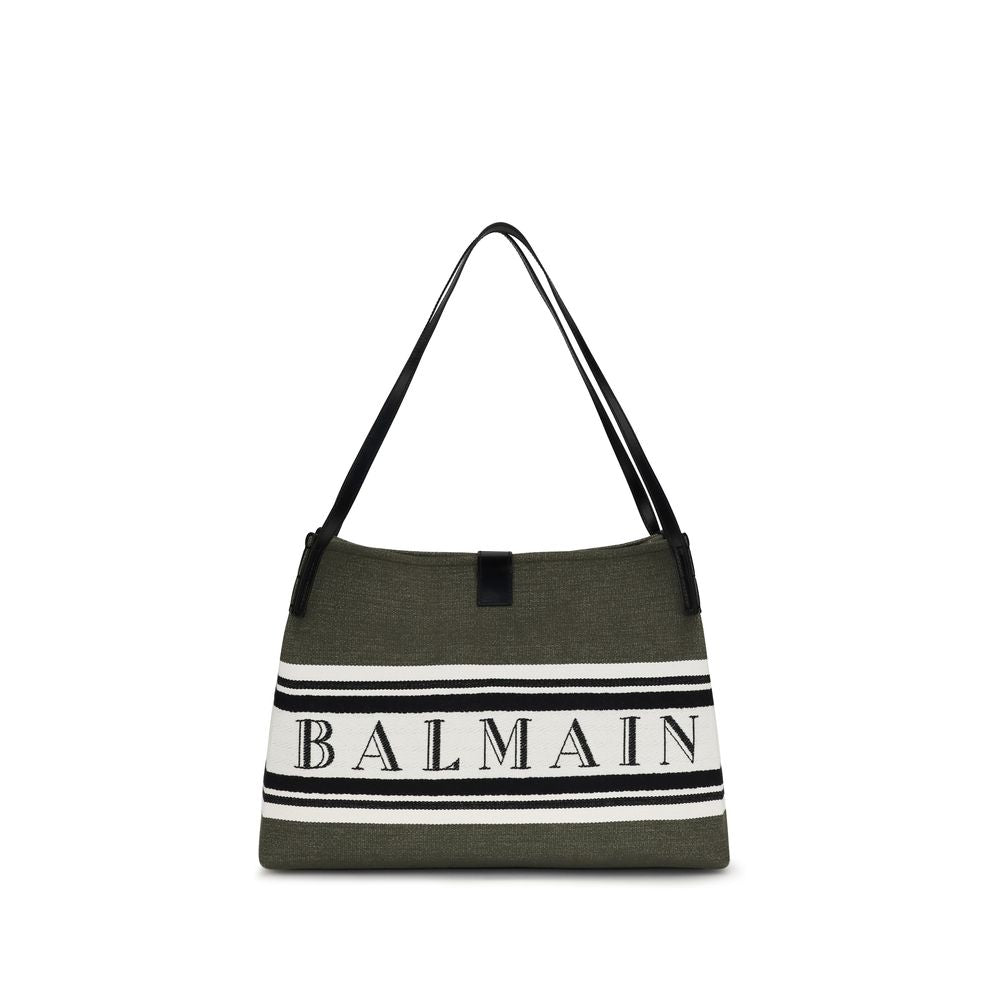 Medium Tote Handbag by Balmain for women in polyester cotton & suede calfskin leather black presents a ornamental silhouette, showcasing a secure snap & button, ample , and versatile adjustable-strap for a ornamental finish.