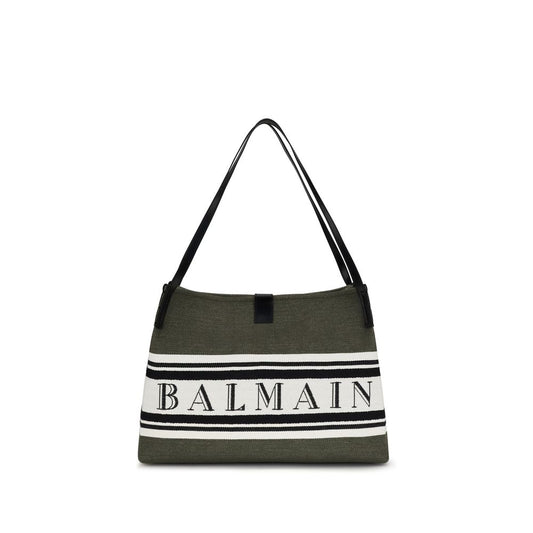 Medium Tote Handbag by Balmain for women in polyester cotton & suede calfskin leather black presents a ornamental silhouette, showcasing a secure snap & button, ample , and versatile adjustable-strap for a ornamental finish.