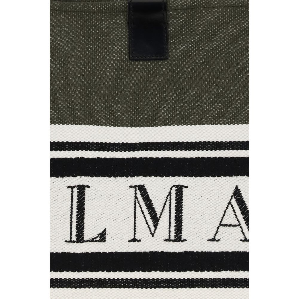 Medium Tote Handbag by Balmain for women in polyester cotton & suede calfskin leather black features a signature silhouette, showcasing a secure snap & button and signature with versatile adjustable-strap for a sophisticated look.