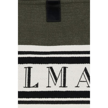 Medium Tote Handbag by Balmain for women in polyester cotton & suede calfskin leather black features a signature silhouette, showcasing a secure snap & button and signature with versatile adjustable-strap for a sophisticated look.