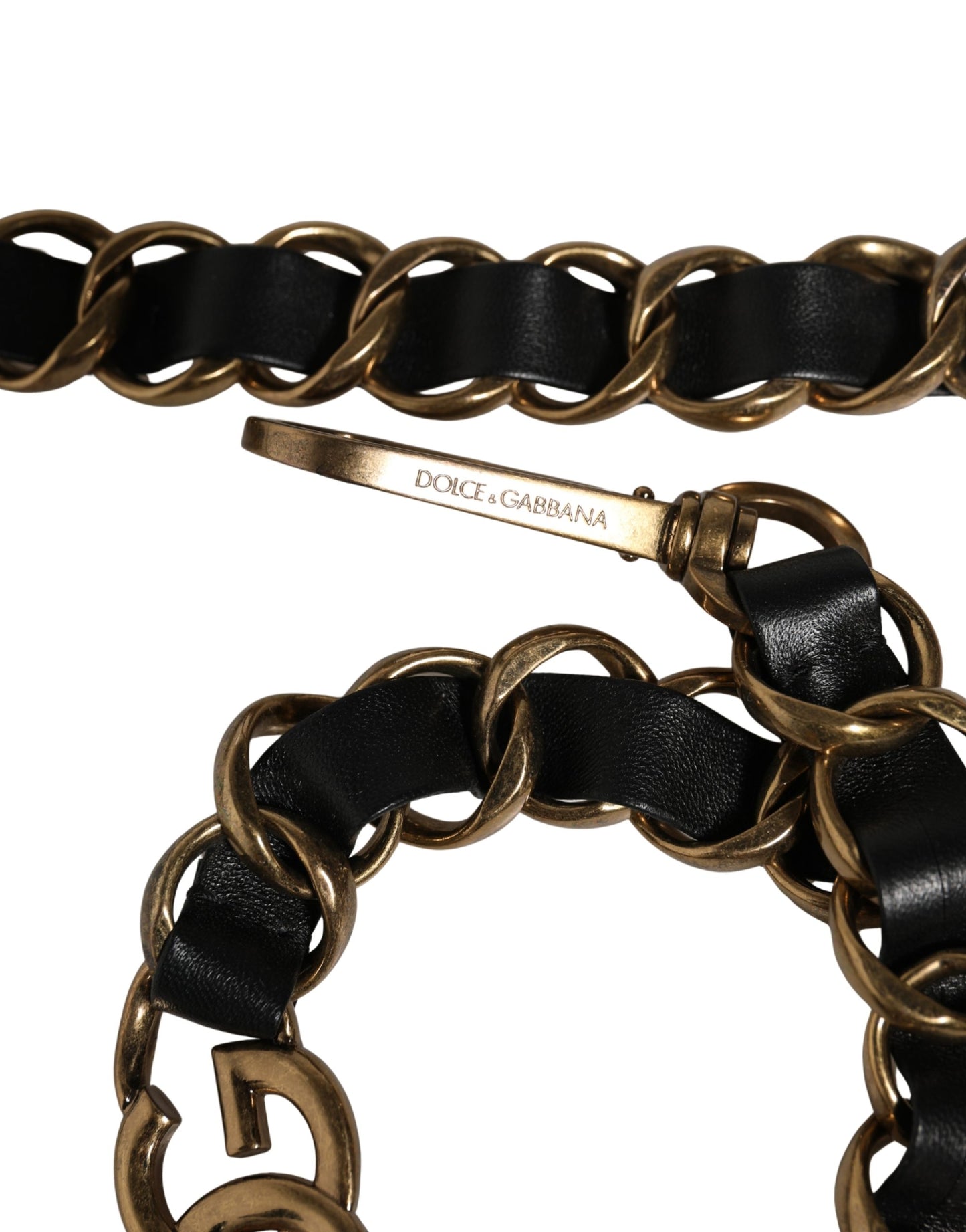 Shoulder Strap by Dolce & Gabbana for women in brass zamak & calf leather black & gold features a chic design, presenting a refined view of the Brass Zamak Calf Leather Shoulder Strap with a chic finish.